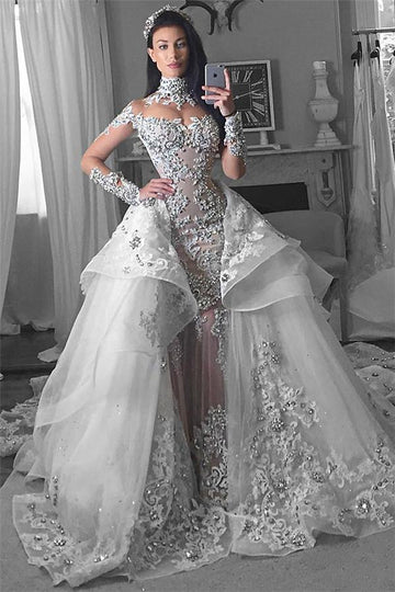 Trendy Lace Long Sleeves High Neck Appliques Detachable Overskirt Bridal Gowns TWA078