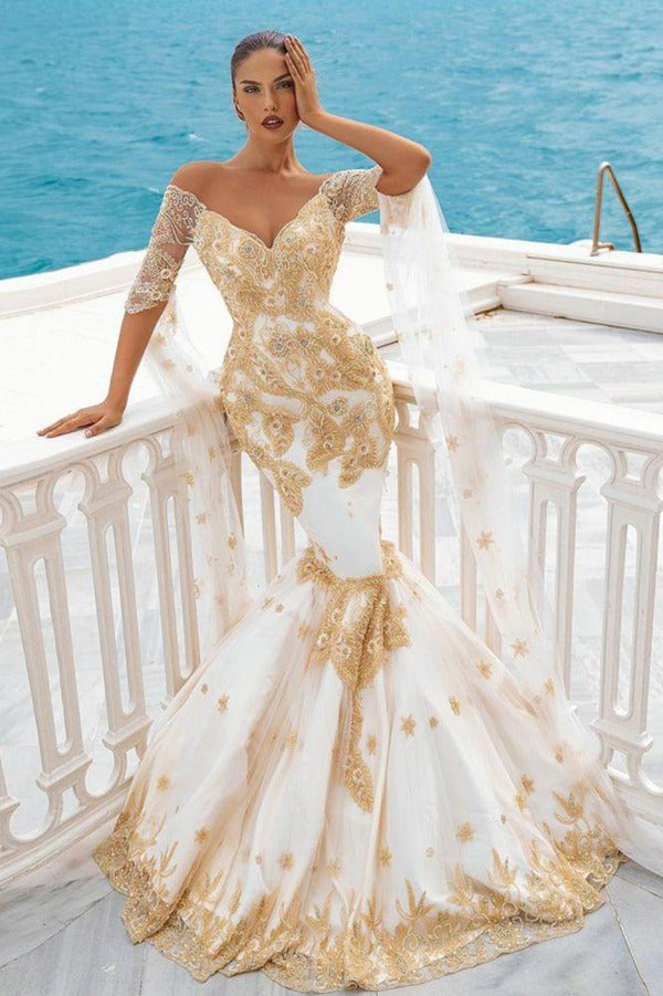 Mermaid Gold Appliques Half Sleeve Cape Bridal Gowns TWA079 Mermaid Gold Appliques Half Sleeve Cape Bridal Gowns TWA079