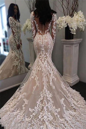 Long Sleeves Lace Mermaid Tulle Bridal Gowns TWA080