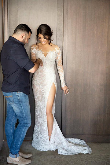 Trendy Long Sleeve Split Sheath Lace Bridal Gowns TWA083