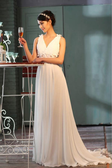 Sheer Back A-Line V-Neck Chiffon Wedding Gown TWA0842