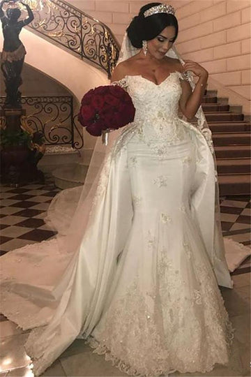 Plus Size Off the Shoulder Sweetheart Lace Detachable Train Mermaid Bridal Gowns TWA088
