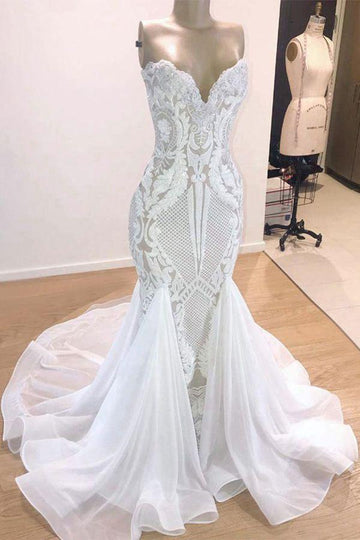 Trendy Mermaid White Lace Sweetheart Bridal Gowns TWA089