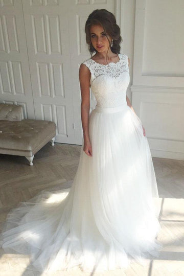 Lace White A-Line Sweep Train Wedding Gown TWA0962