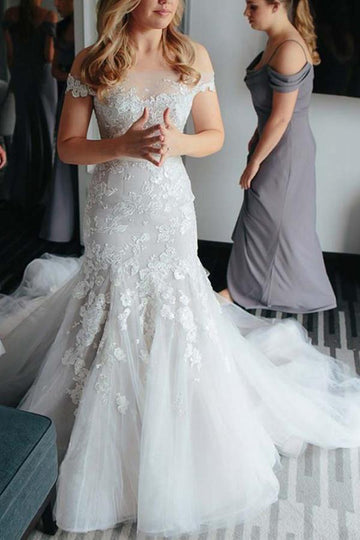 Mermaid Off-the-Shoulder Court Train Tulle Wedding Gown TWA0972