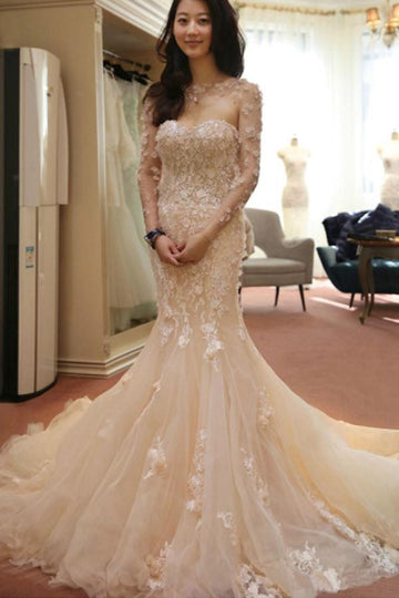 Trendy Open Back Long Sleeve Mermaid Wedding Gown TWA1012