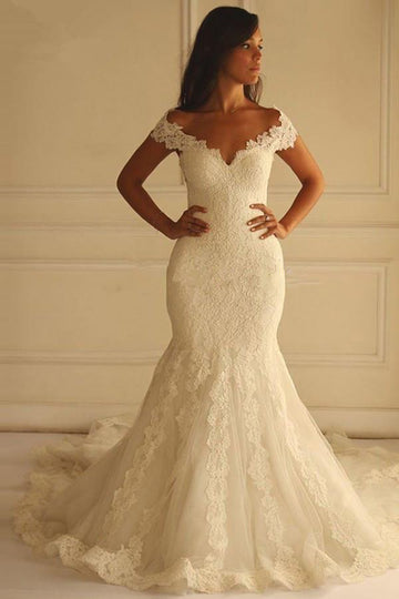 Off Shoulder Court Train Mermaid Lace Wedding Gown TWA1042