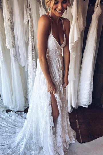A-Line Straps Backless Court Train Lace Beach Wedding Gown TWA1082