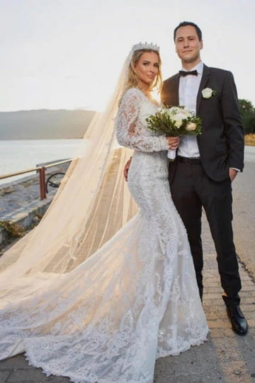 Trendy Long Sleeve Mermaid Lace Bridal Gowns TWA120