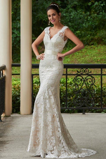 V-Neck Lace Zipper-Up Sheath Sweep Train Wedding Gown TWA1352