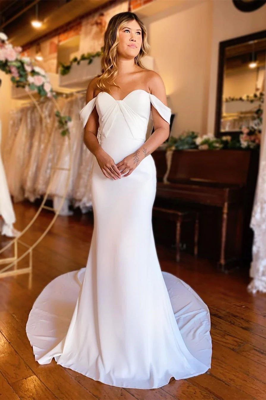 off the shoulder satin mermaid wedding dress Mermaid Off The Shoulder Long Satin Wedding Dress TANYA BRIDAL