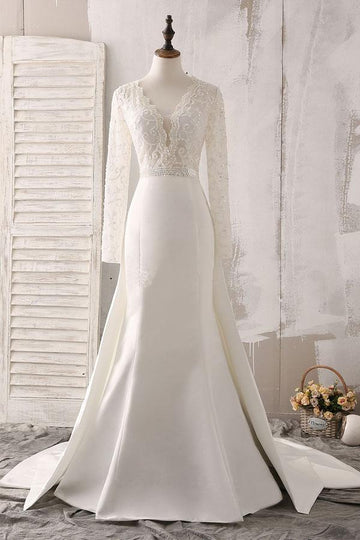 Ivory Lace Satin V-neck Long Sleeve Beaded Wedding Gown TWA1442