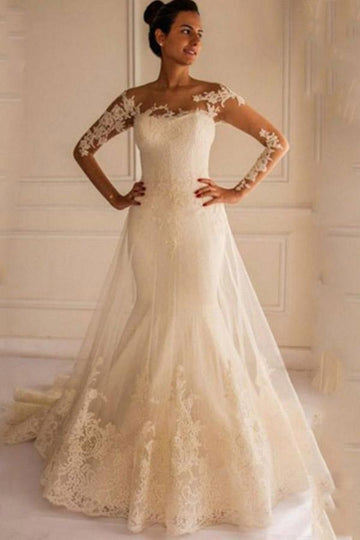 Long Sleeves Appliques Button Floor-Length Mermaid Wedding Gown TWA1512