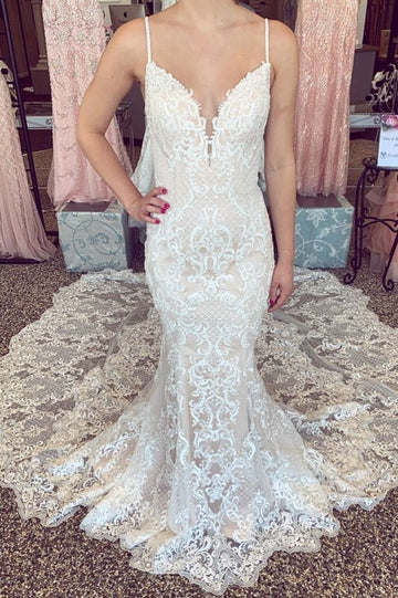 Lace Beading Spaghetti Straps Champagne Mermaid Wedding Gowns TWA152