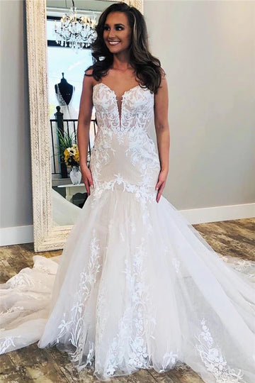 Trendy Appliques Lace Sweep Train Mermaid Wedding Gown TWA158