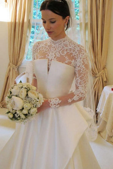 Long Sleeves High Neck Lace Court Train Satin Wedding Gown TWA1592