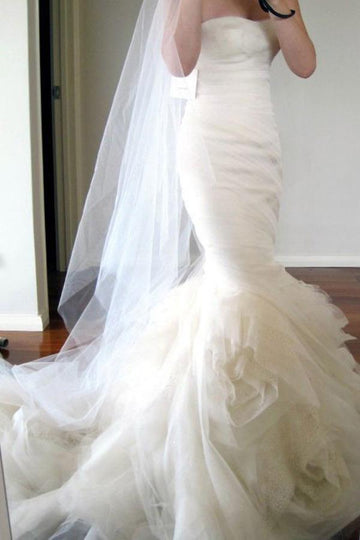 Sweetheart Sweep Train Tiered Mermaid Ivory Wedding Gown TWA1622