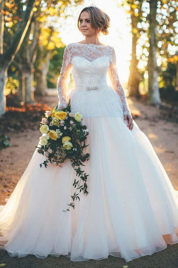 Long Sleeves Ball Gown Organza Wedding Gown with Beading Lace Top TWA1642