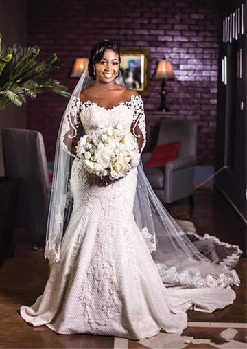 Trendy Plus Long Sleeve Lace Mermaid Wedding Gown TWA166