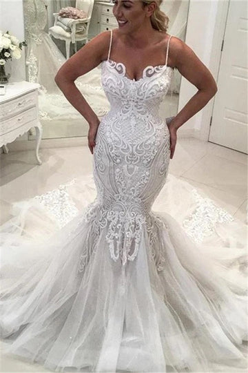 Trendy Spaghetti Straps Lace Mermaid Wedding Gown TWA170