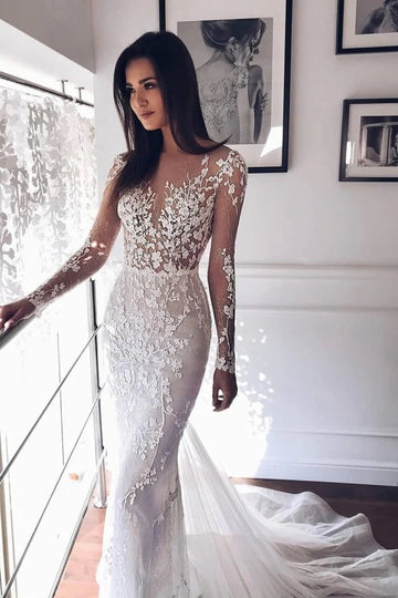 Trendy Long Sleeve Illusion Lace Mermaid Wedding Gown TWA178