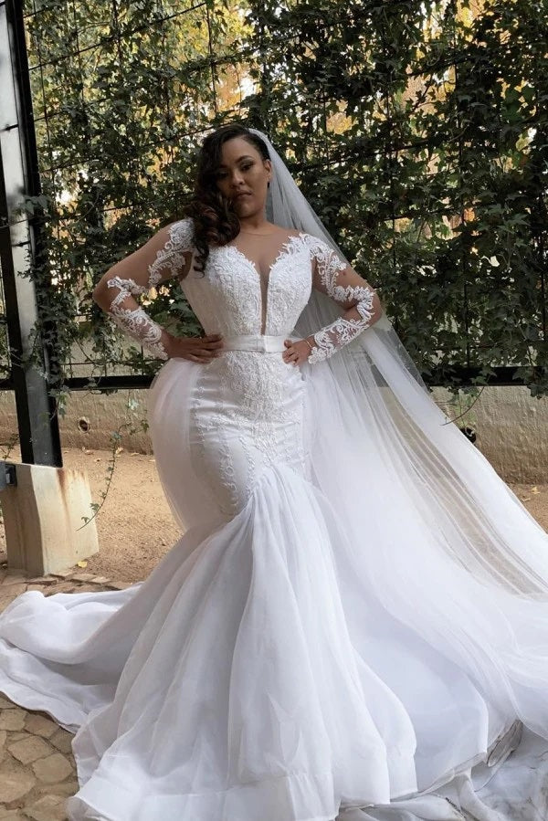 illusion lace mermaid wedding dress Unique Illusion Neckline Lace Wedding Dress Mermaid Bridal Gown with Sweep Train QW2289 US16 / Ivory