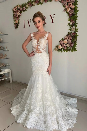 Trendy Appliques Sweep Train Mermaid Wedding Gown TWA182