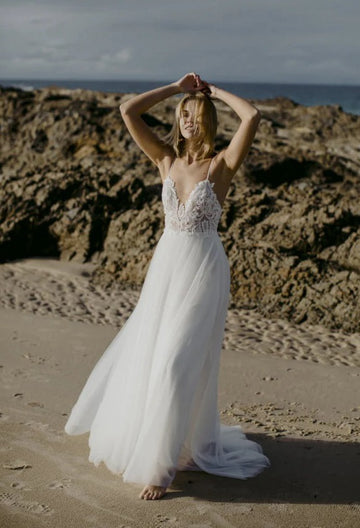 Trendy Spaghetti Strap Boho V Neck Beach A-line Wedding Gown TWA187