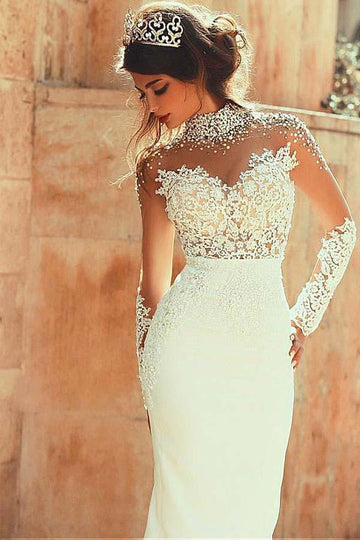 High Neckline Sheath Beaded Lace Appliques Wedding Gown TWA1912