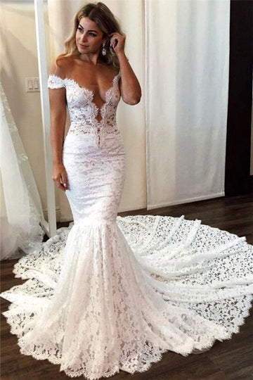 Trendy Off the Shoulder Lace Mermaid Wedding Gown TWA192