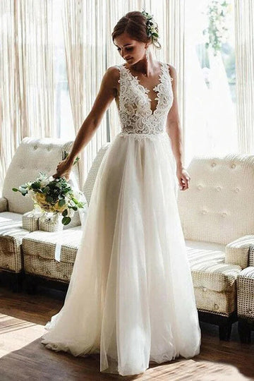 Trendy Lace Tulle Boho V Neck Beach A-line Wedding Gown TWA195