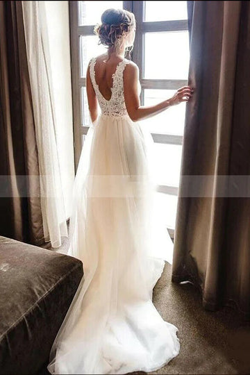 Trendy Lace Tulle Boho V Neck Beach A-line Wedding Gown TWA195
