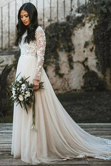 Trendy Lace Long Sleeve Tulle Boho Beach A-line Wedding Gown TWA196