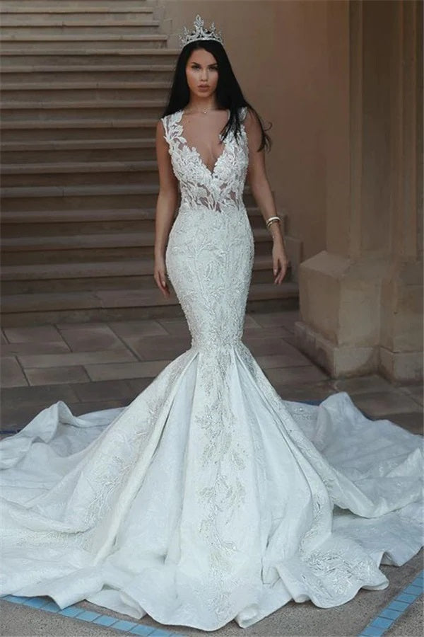 v neck mermaid wedding dress Trendy Lace V-neck Mermaid Modern Wedding Gown TWA199