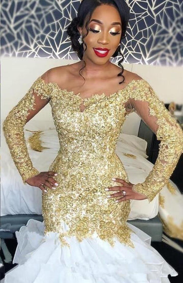 Trendy Plus Size Long Sleeve Gold Lace Applique Mermaid Wedding Gown TWA204