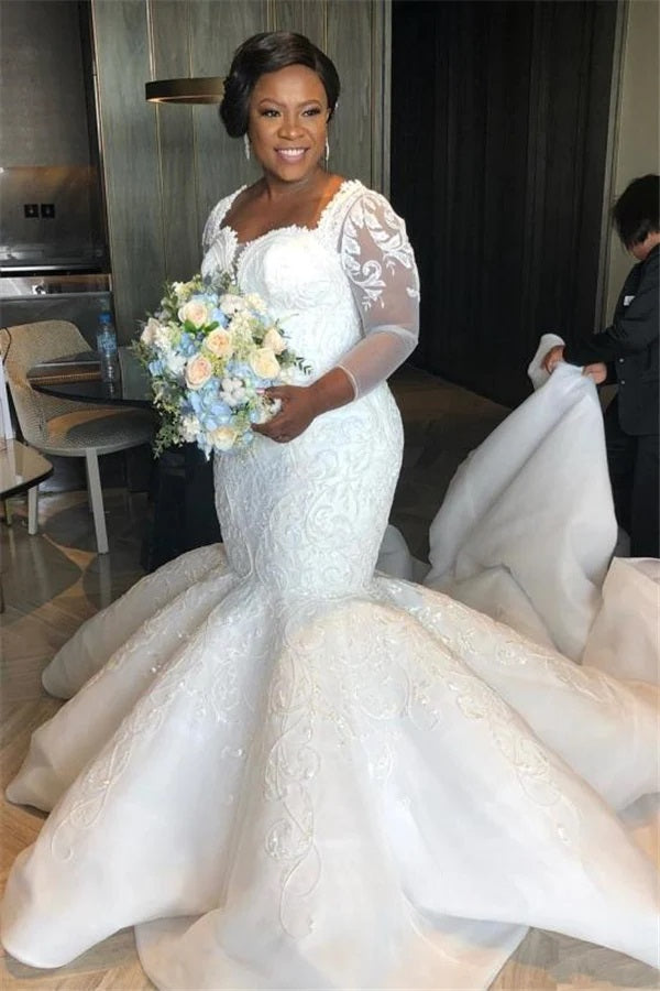 Trendy Plus Size Long Sleeve Lace Mermaid Wedding Gown TWA207 Trendy Plus Size Long Sleeve Lace Mermaid Wedding Gown TWA207