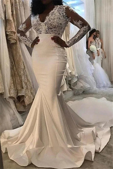 Trendy Plus Long Sleeve V-neck Lace Mermaid Wedding Gown TWA212