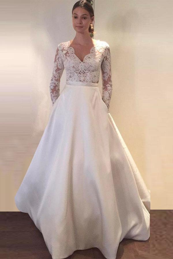 A-Line Long Sleeves Lace Satin Wedding Gown With Pockets TWA2162 A-Line Long Sleeves Lace Satin Wedding Gown With Pockets TWA2162