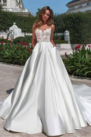 Satin A-line Wedding Gown With Pockets Lace Appliques TWA2172