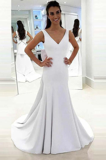 Mermaid Deep V-Neck Sweep Trian White Satin Wedding Gown TWA2192