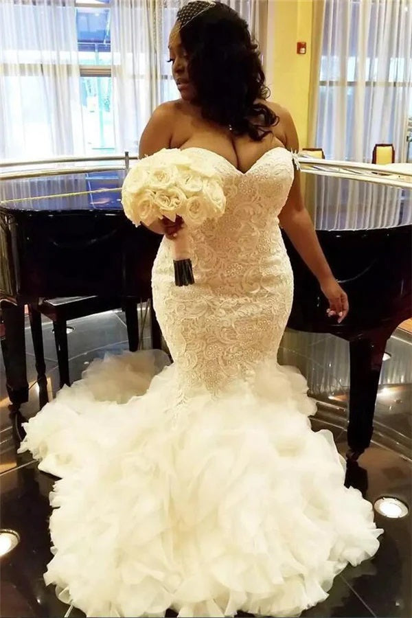 plus size wedding dresses mermaid style Plus Size Mermaid Crystal Lace Beads Sweetheart Long Train African Custom Made Ruffless Wedding Dresses