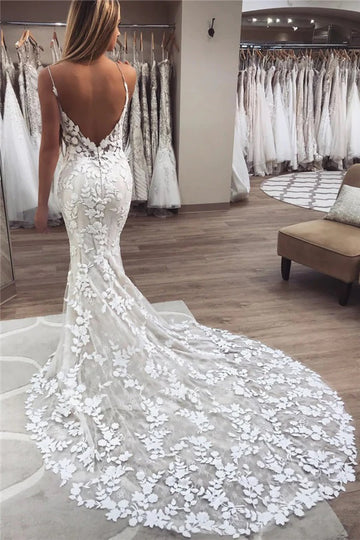 Trendy Applique Spaghetti Strap Lace Mermaid Wedding Gown TWA233