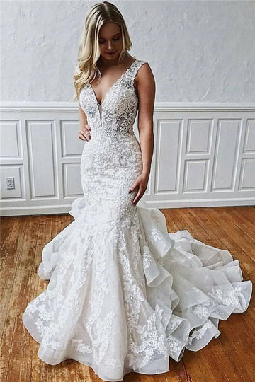 Trendy V-neck Lace Mermaid Wedding Gown TWA235