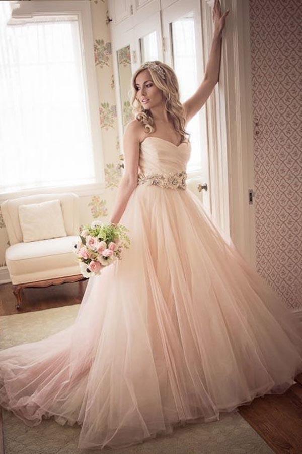 pink a line wedding dress T262065X Dreamy Pink Flora Organza A-line Gown with Sweetheart Cat Eye Neckline and Dramatic Slit