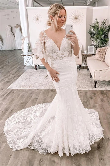 Trendy V-neck Short Sleeve Lace Mermaid Wedding Gown TWA240