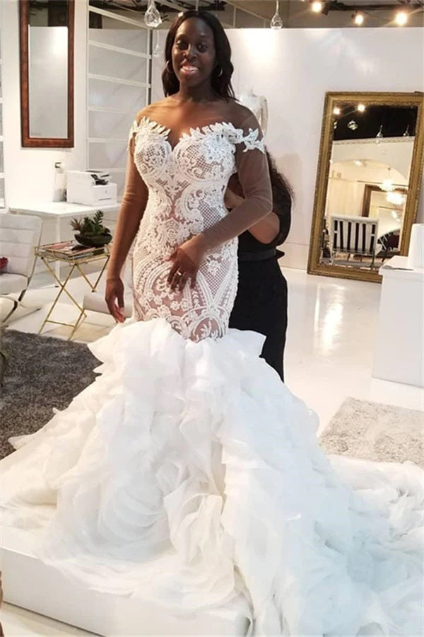 Trendy Plus Size Ruffles V-neck Short Sleeve Lace Mermaid Wedding Gown Trendy Plus Size Ruffles V-neck Short Sleeve Lace Mermaid Wedding Gown