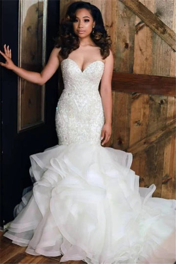 Trendy Plus Size Ruffles Sweetheart Lace Beading Mermaid Wedding Gown TWA242