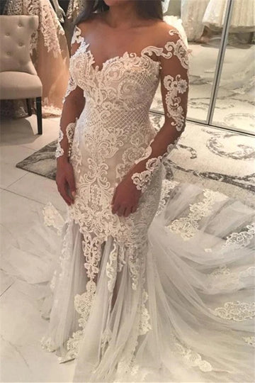 Trendy Plus Size V-neck Long Sleeve Lace Mermaid Wedding Gown TWA247
