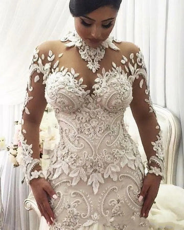 Trendy Dubai High-Neck Long Sleeve Beading Lace Mermaid Wedding Gown TWA249