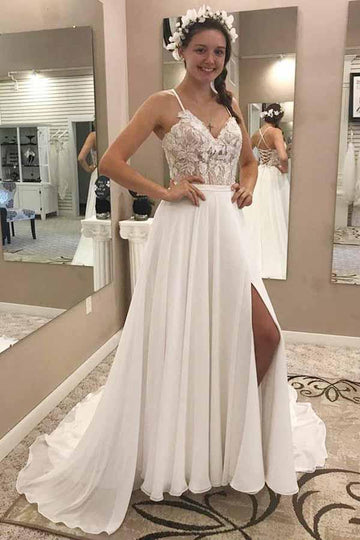 Trendy A-Line Spaghetti Straps Chiffon Wedding Gown with Lace Split TWA2502